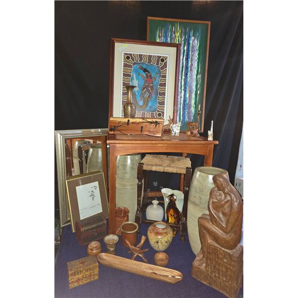 Framed Artworks, Pottery, Vase, Wood Carvings, More 