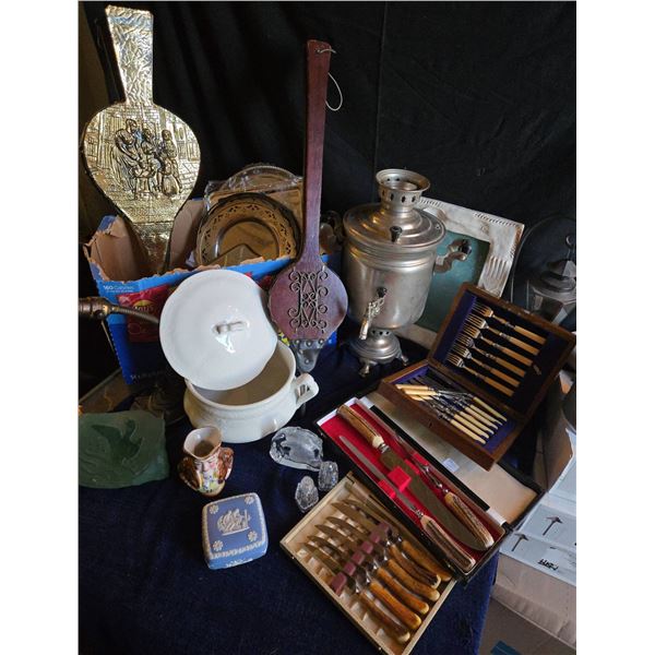 Silver Plate Trays, Carving Sets, Wedgwood and Decor Lot