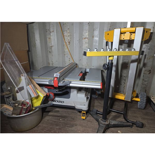 RIDGID Table Saw With DEWALT Stand, Roller Outfeed Stand, and Saw Accessories