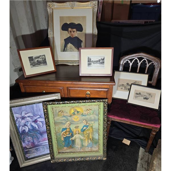 Framed Artworks, Small Desk, And Wooden Chair