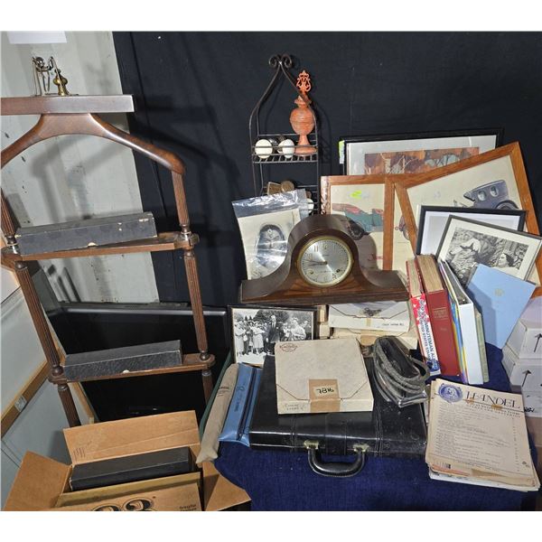 Collectibles:  Mantel Clock, Wood Valet Stand, Photos, Books, More