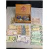 Image 1 : An Old Wooden Cigar Box Full of World Coins and Paper Money