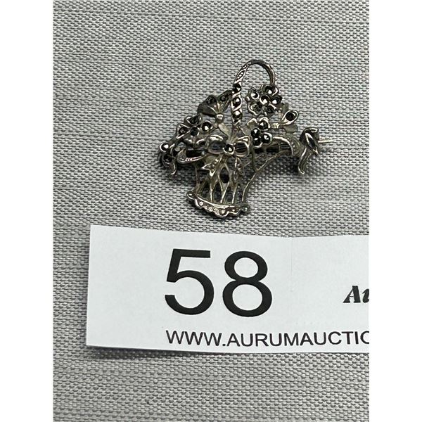 Antique Sterling Marcasite Open Work Flower Basket Brooch Hallmarked