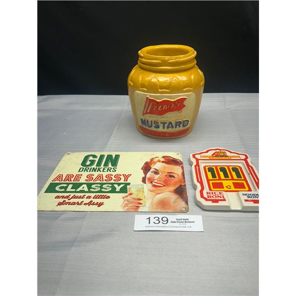 Vintage 1975 Ceramic Frenchs Mustard Planter by MY-LO Inglewood Ccalifornia, Gin Drinkers Metal Sign