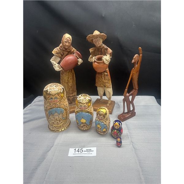 Pair of Vintage Folk Art Mexican Paper Mache Figurines 13" set of Russian Nesting Dolls and Carved A