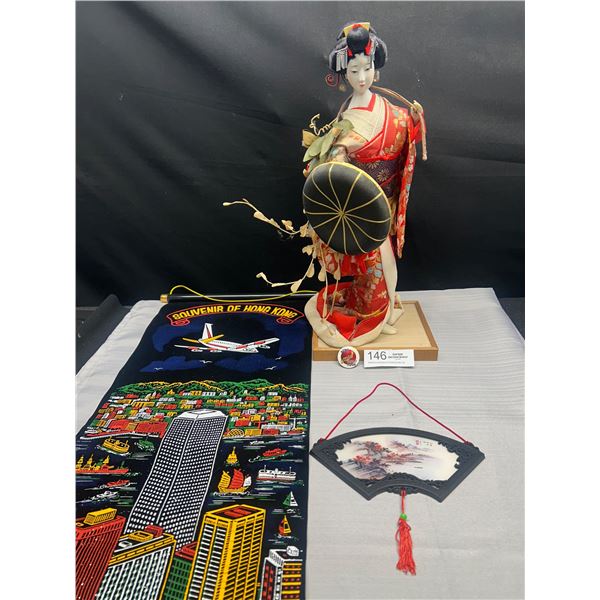 Vintage Japanese Doll 17" Wall Hanging Vintage JTB Pin Hong Kong Scroll