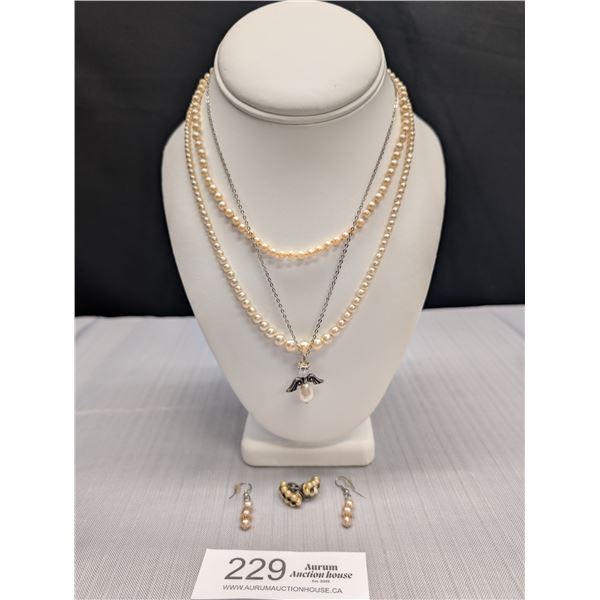 Vintage Faux Pearl Necklaces and 2 pairs of earrings plus chain with Pendant