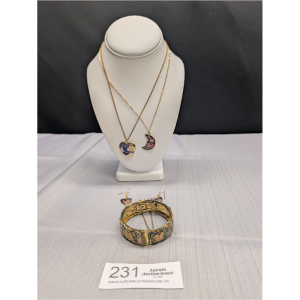 Vintage Cloisinne Design Hinged Bangle, Pendant with Chainplus Pair of Earrings