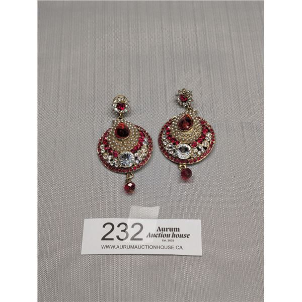 Beautiful Pair of Gold Plated with Cut of Clear and Red Rhinestone Earrings