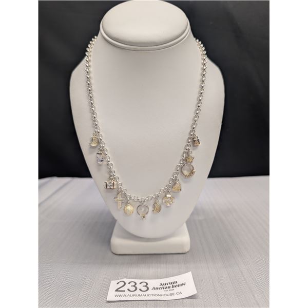 Solid Silver Plated Link Chain w/Crystal Glass Stones Charm Necklace