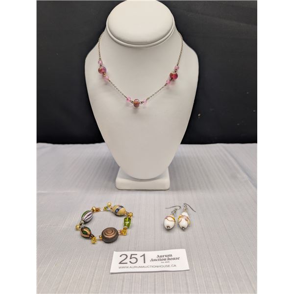 Vintage Venetian Glass Choker Necklace, Beads Bracelet and Pair of Dangle Errings