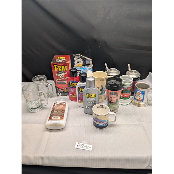 Lot of Car Cleaning Supplies Plus Automotive Related Beer Mugs