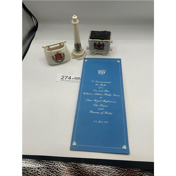 Prince Willam 1982 Commerating His Birth Silk Bookmark Plus 3 Crested Circa 1910 Bone China Pcs