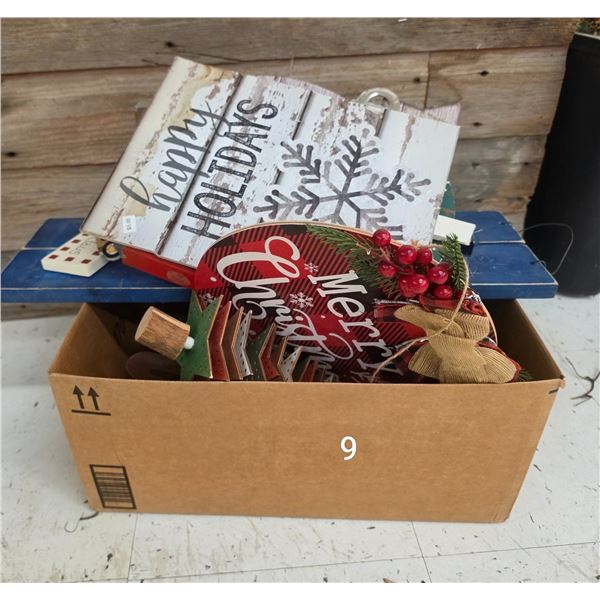 Box of Wooden Christmas Décor, etc.