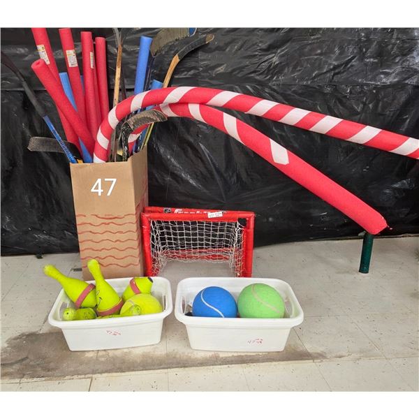 Misc. Fun Lot - Large Balls, Bowling Game, Pool Noodles, Hockey Sticks, etc.