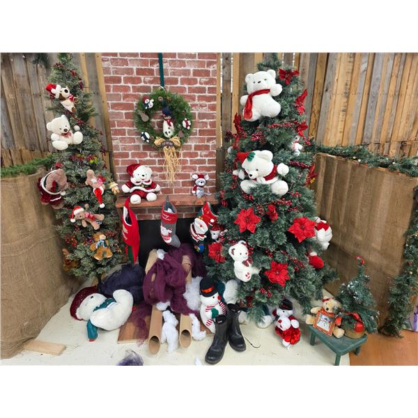 Christmas Fireplace Display inc. Trees, Stockings, Stuffed Bears, etc.