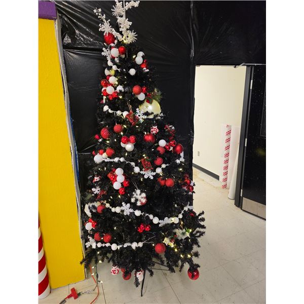 7’ Black Christmas Tree Decorated Red and White w/ Lights – Working
