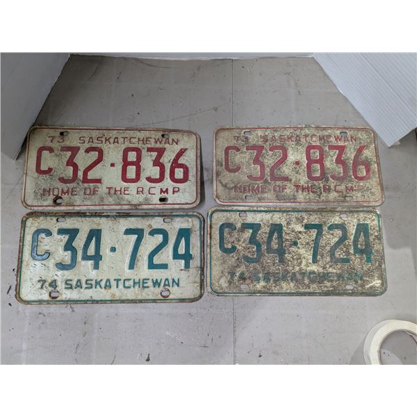 (2) Pairs Vintage Saskatchewan License Plates (1973,1974)