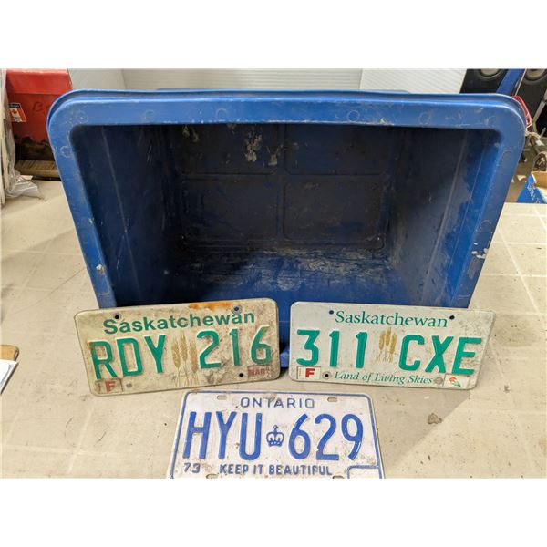 1973 Ontario License Plate, (2) Modern Saskatchewan License Plates, Blue Recycle Bin