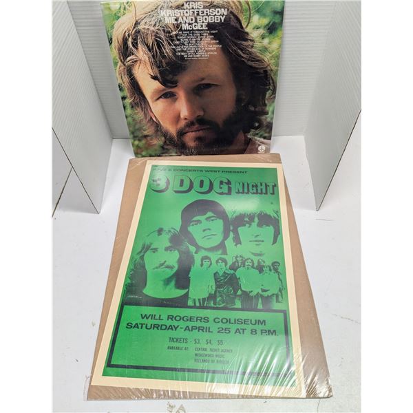 Kris Kristofferson Vinyl Record w/ 3 Dog Night Poster