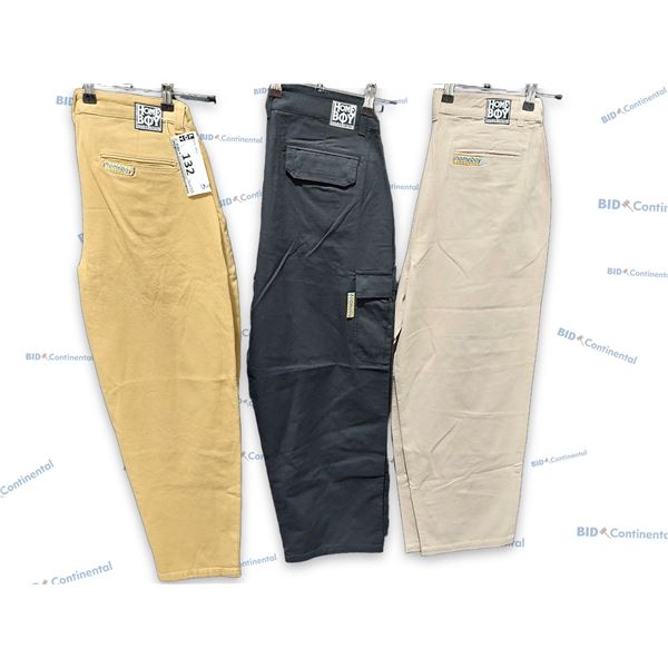 LOT DE 3 PANTALONS HOMEBOY ASSORTIS CHINO CARAMEL, CARGO NOIR ET CHINO TAUPE GRANDEUR: 30X32 XTRA MO