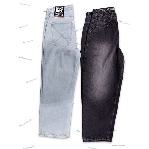 LOT DE 2 JEANS HOMEBOY ASSORTIS GRIS FONCÉ ET BLEU PÂLE GRANDEUR: 34X34, (NEUFS)