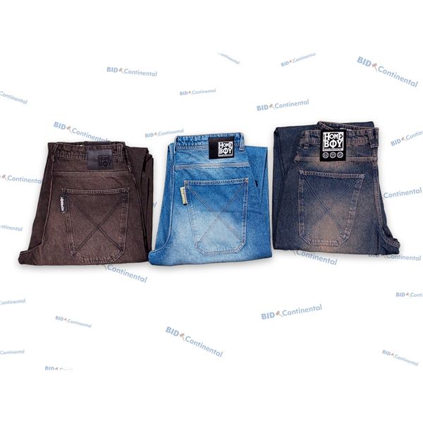 LOT DE 3 JEANS HOMEBOY ASSORTIS BLEU DÉLAVÉ, BLEU VIF ET GRIS BRUN GRANDEUR: 34X34, (NEUFS)