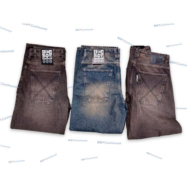 LOT DE 3 JEANS HOMEBOY ASSORTIS BLEU DÉLAVÉ SABLE, BLEU ET BRUN GRANDEUR: 32X34 XTRA, (NEUFS)