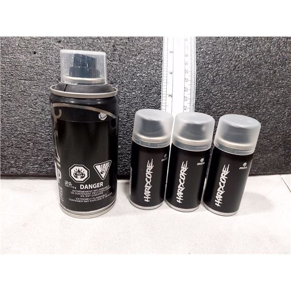 LOT DE 4 BOMBES AÉROSOL ASSORTIES MONTANA HARDCORE ET MTN, (NEUVES)