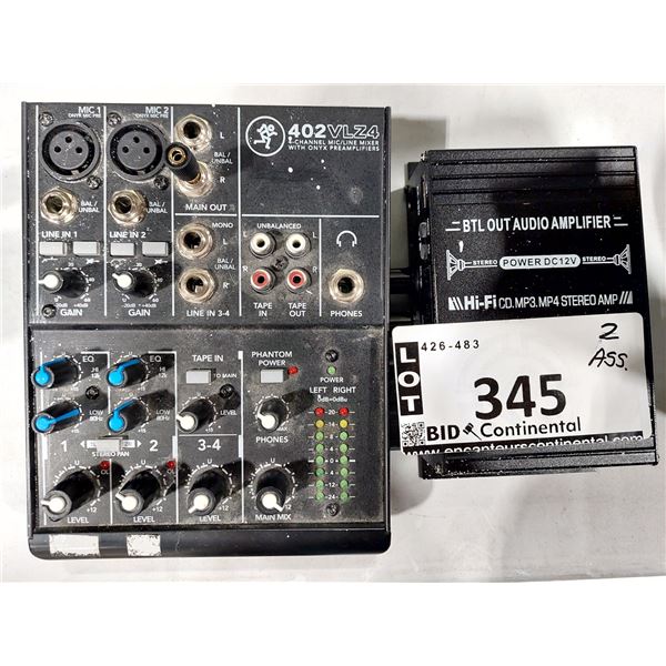 LOT DE 2 APPAREILS AUDIO ASSORTIS: TABLE DE MIXAGE MACKIE 402VLZ4 ET AMPLIFICATEUR HI-FI