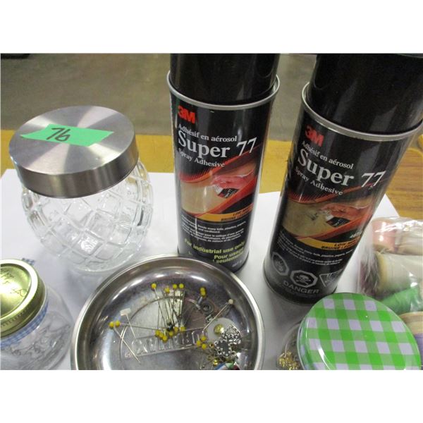 UNCLAIMED STORAGE:  BOX C/W CRAFT SUPPLIES, 2 CANS SUPER SPRAY ADHESIVE