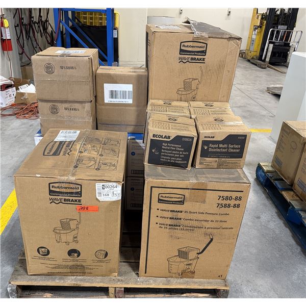 Rubbermaid WaveBrake Mop Buckets, Vinyl Gloves, Ecolab Cleaners - Pallet