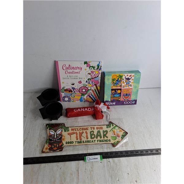 Coloring Book, Jigsaw Puzzle, Tiki Bar Sign, Canada Umbrella, Cup Holders
