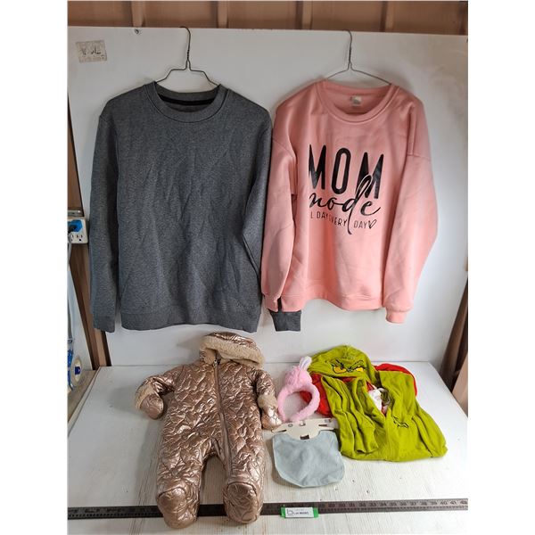(2) Sweatshirts (Men's M & Women's L), Child Snowsuit & Grinch Onesie, Rabbit Headband, Bib