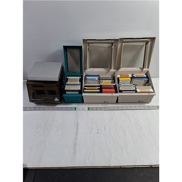 Collection of 3.5 inch Vintage Floppy Disks in Storage Organizers and Router