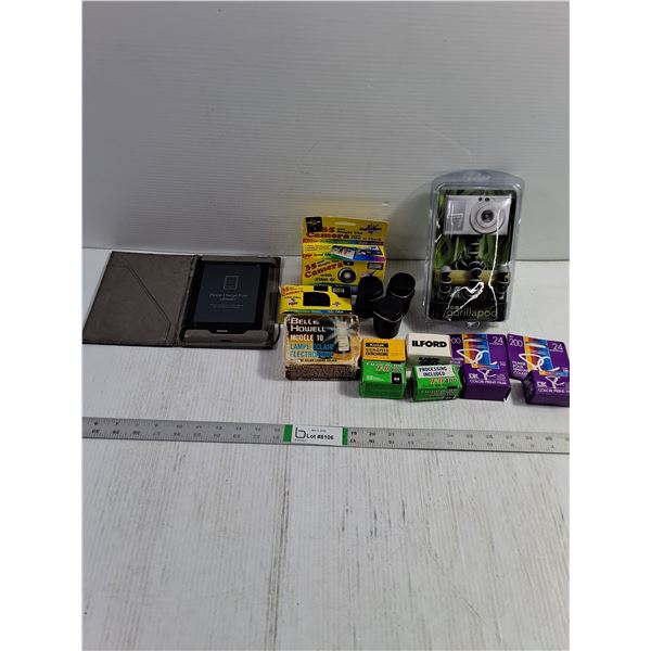 Assorted Camera Film,(2) Single Use Cameras,Gorilla Pad,Bell&Howell Lamp,KOBO Reader