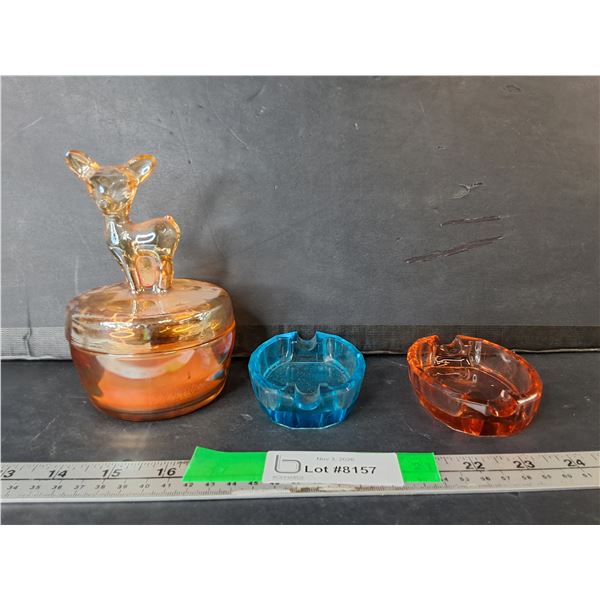 (2) Glass Ashtrays & Fawn Powder Jar