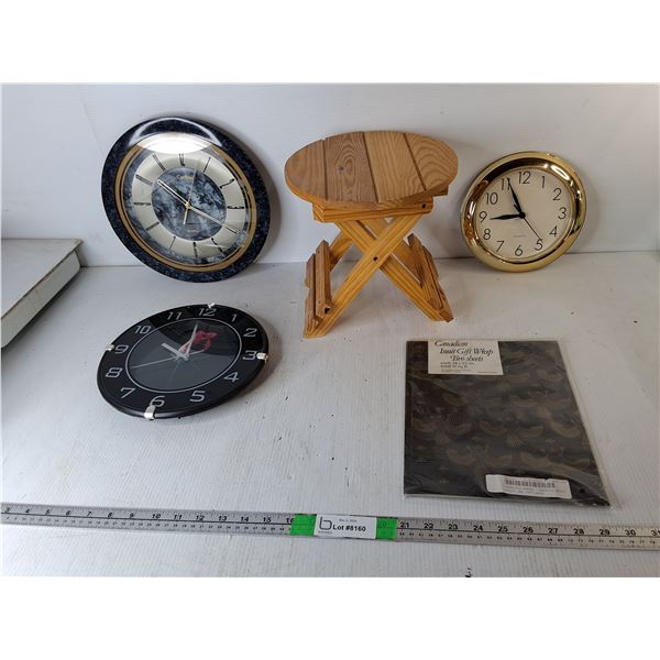 (3) Wall Clocks up to 11.25" Diam., Inuit Gift Wrap & Wooden Plant Stand 9.5" Tall