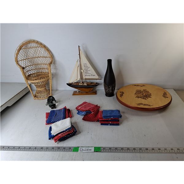 Model Wicker Chair 15" Tall  & Sailboat, Wooden Lazy Susan 13" Diam., Misc.