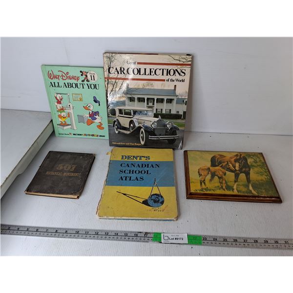 Vintage Books- Car Collections of the World, School Atlas, Misc. & Horse Wall Art 10.75" x 8"