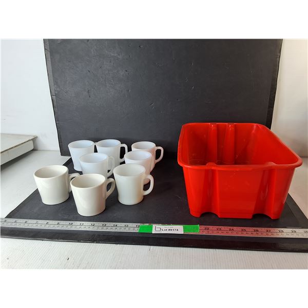 (8) Glass & Ceramic Mugs, Plastic Storage Tote 14.75" x 10.25" x 5.5"