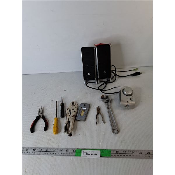 Logitech Satellite Speakers-Untested, Locking Pliers, Adjustable Wrench, Misc.