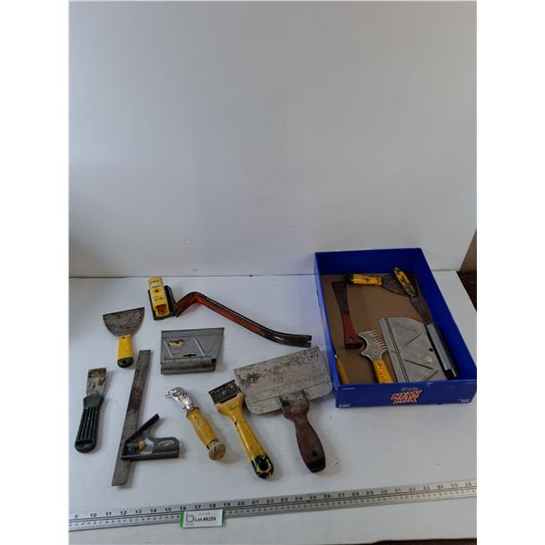 Assorted Tools, Putty Knife, Pry Bar, Hook Knife, Sanding Block, Misc
