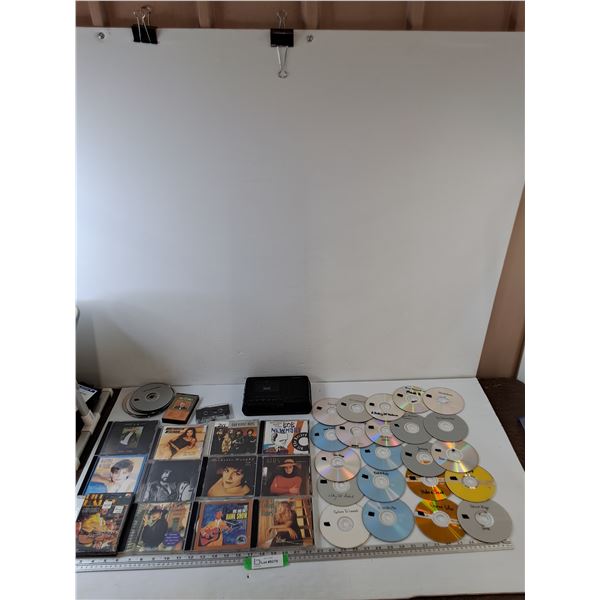 Assorted CDs, DVD Movies, (2) Cassette Tapes, (1) Tape Player Untested, All As-Is