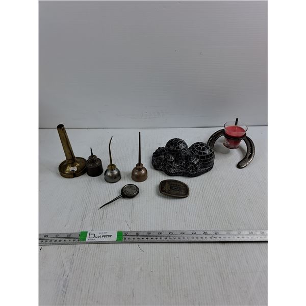 (4) Oiler Cans, Sausage Stuffing Tube, Belt Buckle, Igloo Scene Figure, Horseshoe Shaped Candle Hold