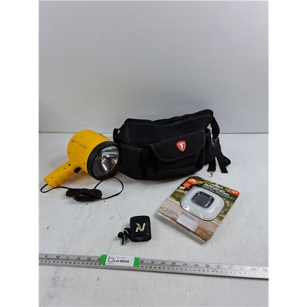 Heavy-Duty Flashlight, 100 Lumen Tent Light, Wireless Ear Buds, Multi-pocket Utility Organizer