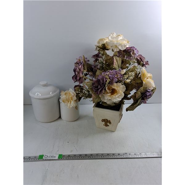 (2) Ceramic Sugar And Grain Containers Up To 6.5" Height 6 1/4" Diameter,  Fake Flower Bouquet