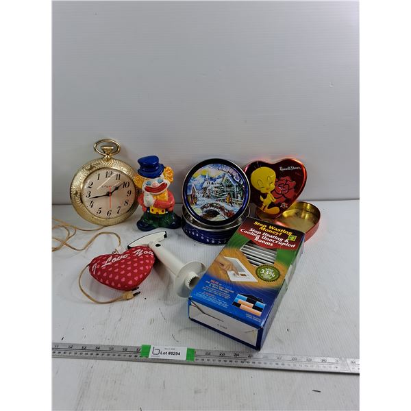 Electric WallClock, Heating & Cooling Controlling Vent, Tin Cookie Boxes, Ceramic Clown, Misc