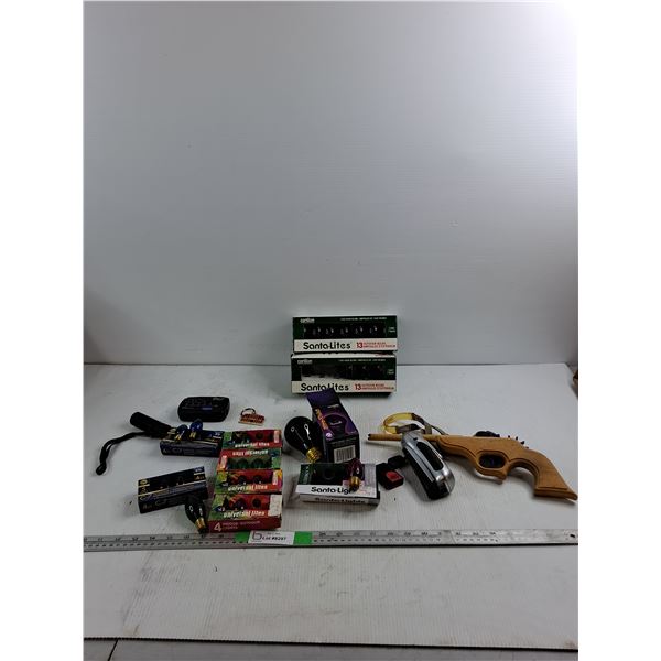 Mostly Colored Light Bulbs, Flashlight, Wooden Toy Gun, Misc