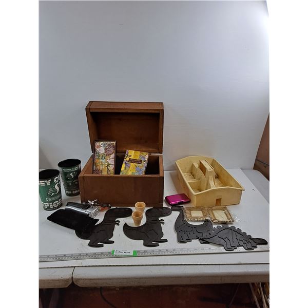 (2) Roughriders Cups, Dinosaur Themed Decor, Flashlight, Wooden Box 13 3/4"x10"x10", Tool Organizer